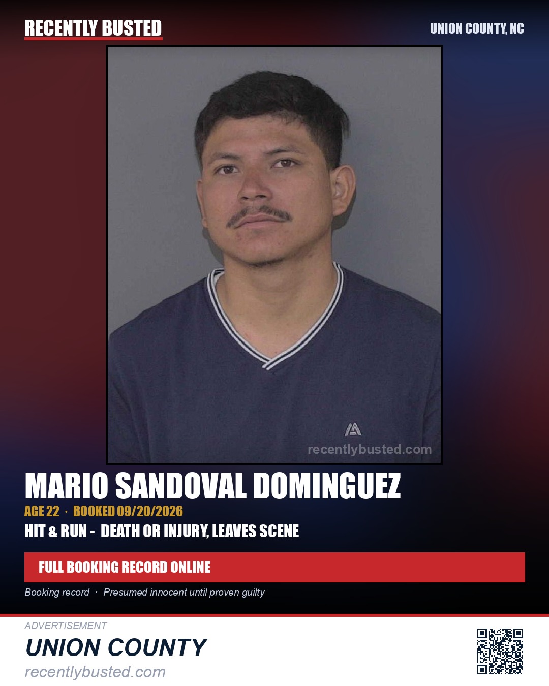SANDOVAL DOMINGUEZ, MARIO — arrest record card, Union County, North Carolina