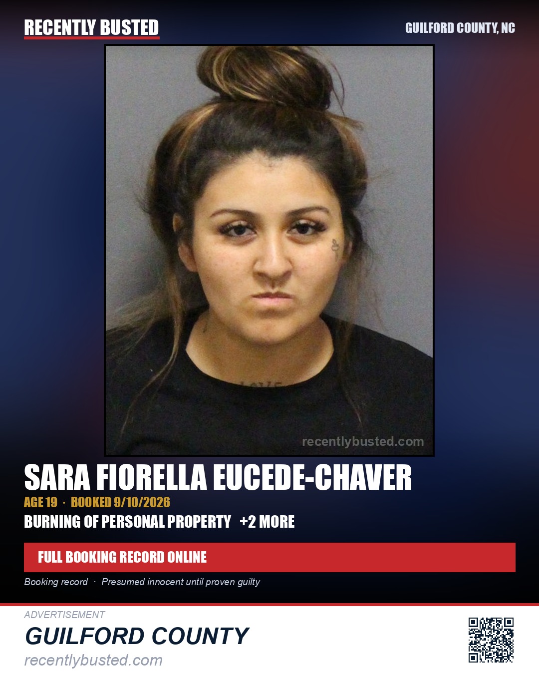 SARA FIORELLA EUCEDE-CHAVER — arrest record card, Guilford County, North Carolina