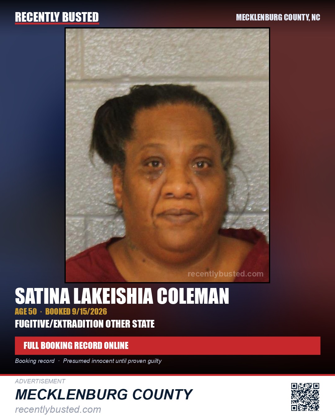 SATINA LAKEISHIA COLEMAN — arrest record card, Mecklenburg County, North Carolina