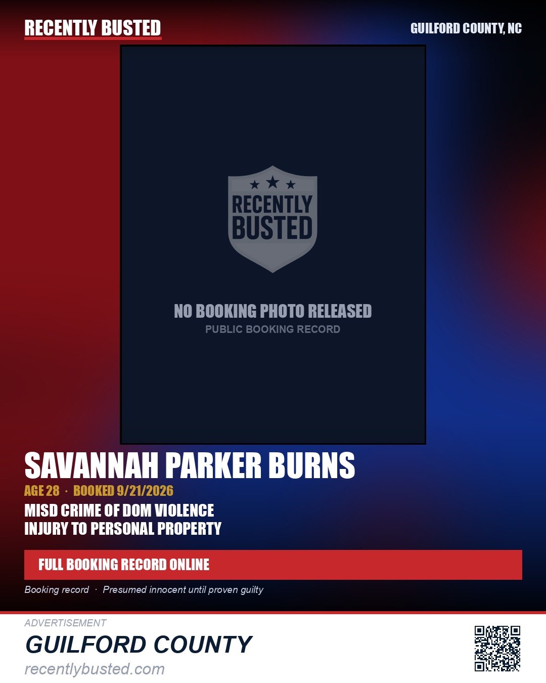 SAVANNAH PARKER BURNS — arrest record card, Guilford County, North Carolina