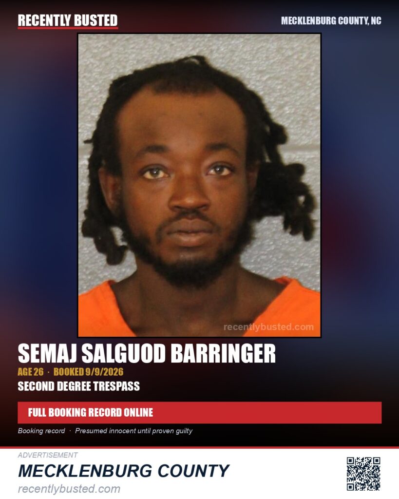 SEMAJ SALGUOD BARRINGER — arrest record card, Mecklenburg County, North Carolina