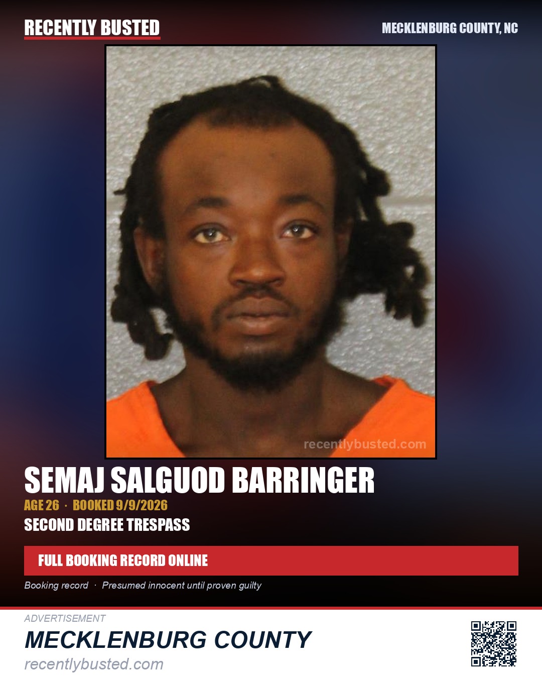 SEMAJ SALGUOD BARRINGER — arrest record card, Mecklenburg County, North Carolina