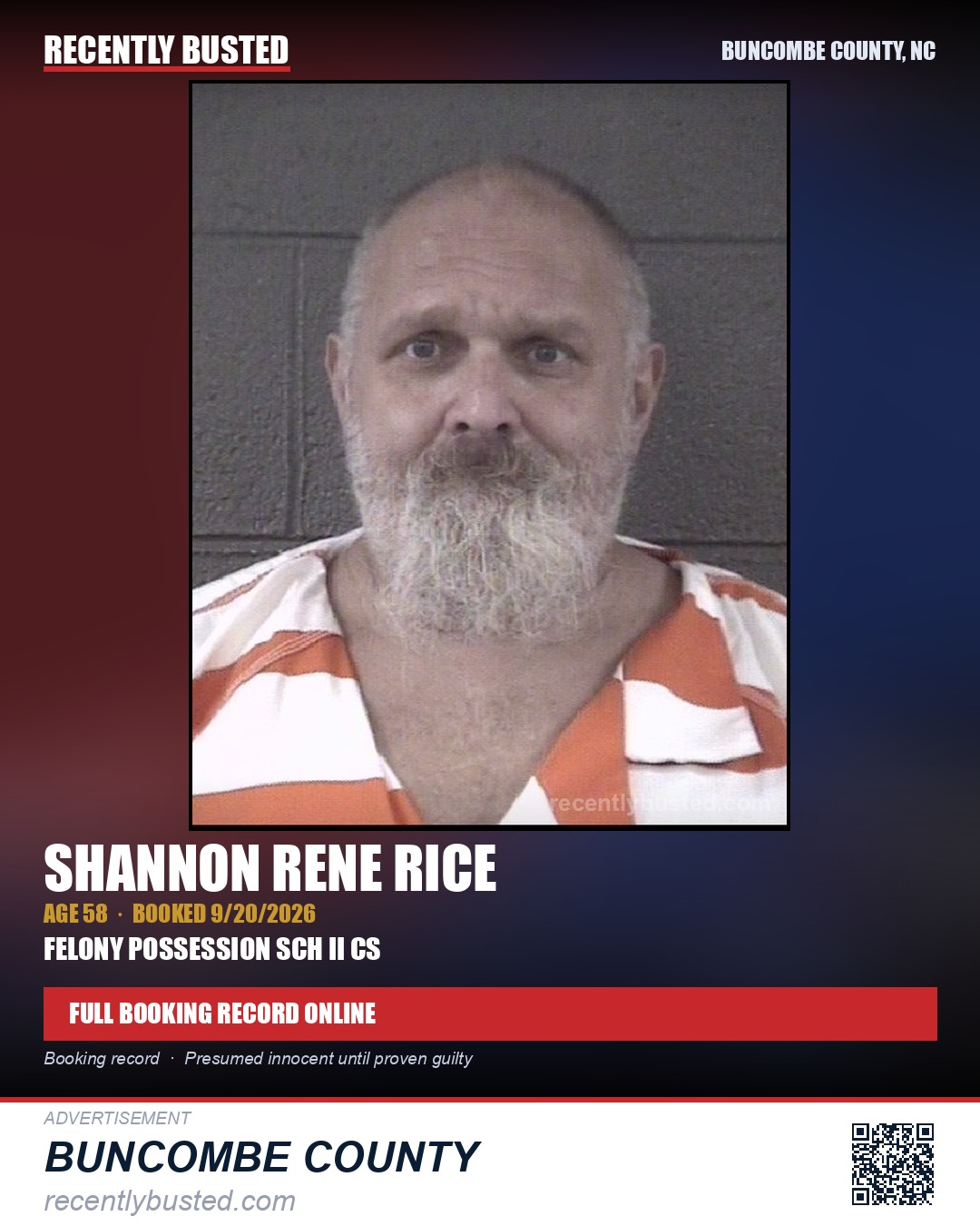 SHANNON RENE RICE — arrest record card, Buncombe County, North Carolina