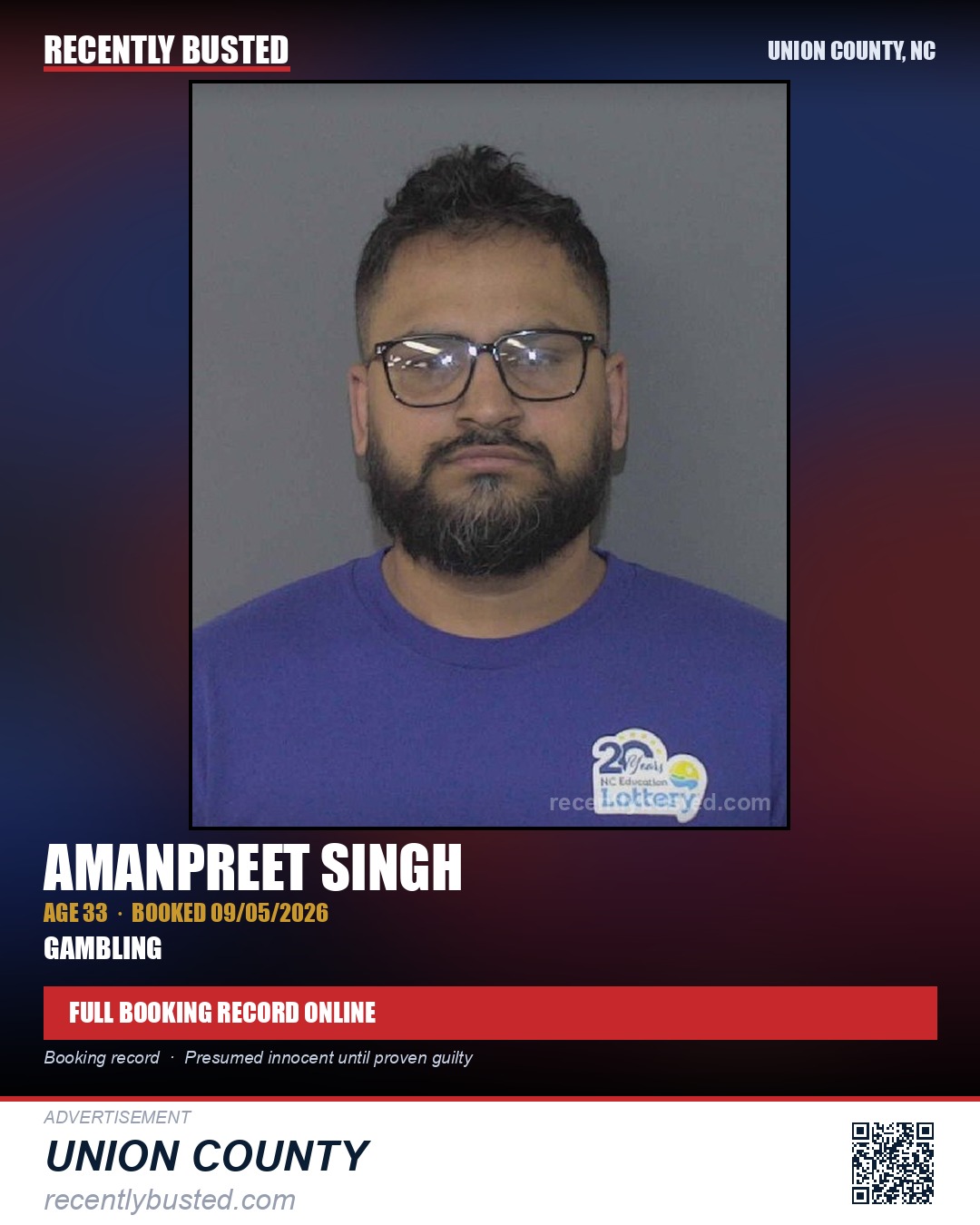 SINGH, AMANPREET — arrest record card, Union County, North Carolina