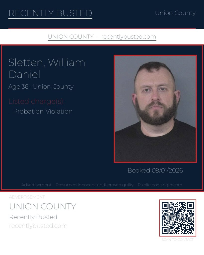 SLETTEN, WILLIAM DANIEL — arrest record card, Union County, North Carolina