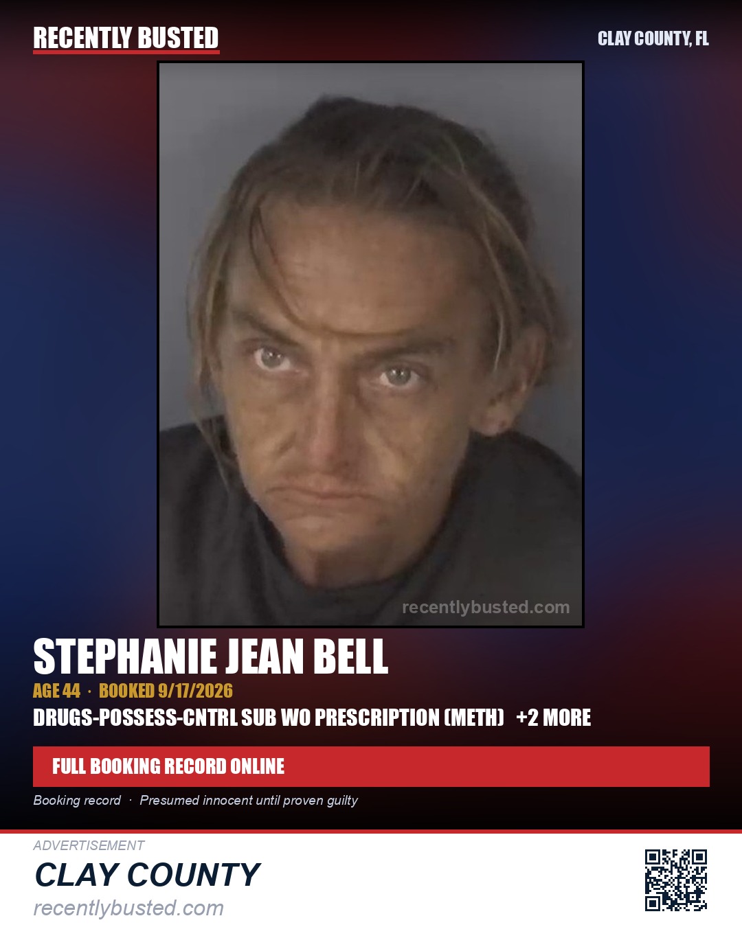 STEPHANIE JEAN BELL — arrest record card, Clay County, Florida
