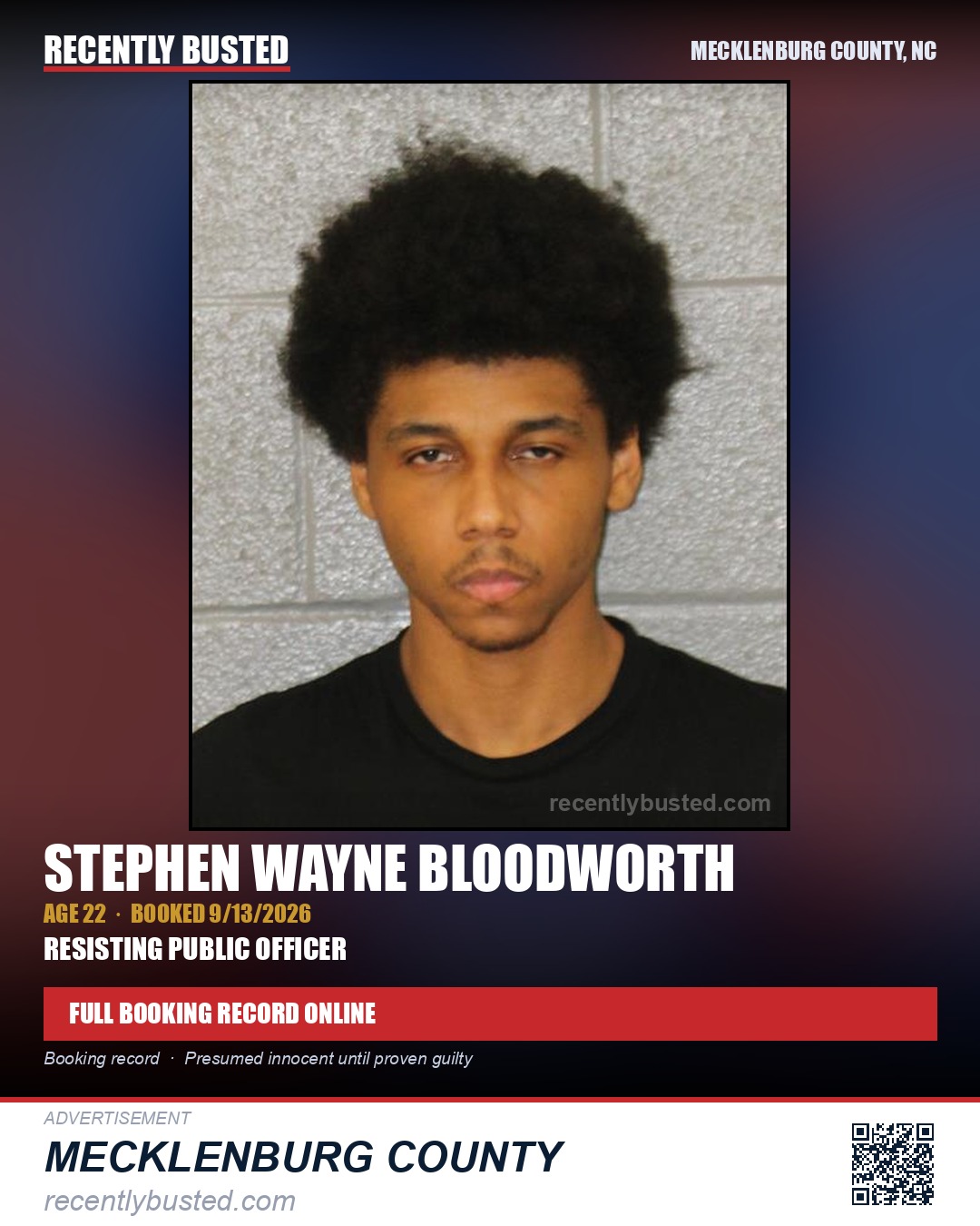 STEPHEN WAYNE BLOODWORTH — arrest record card, Mecklenburg County, North Carolina