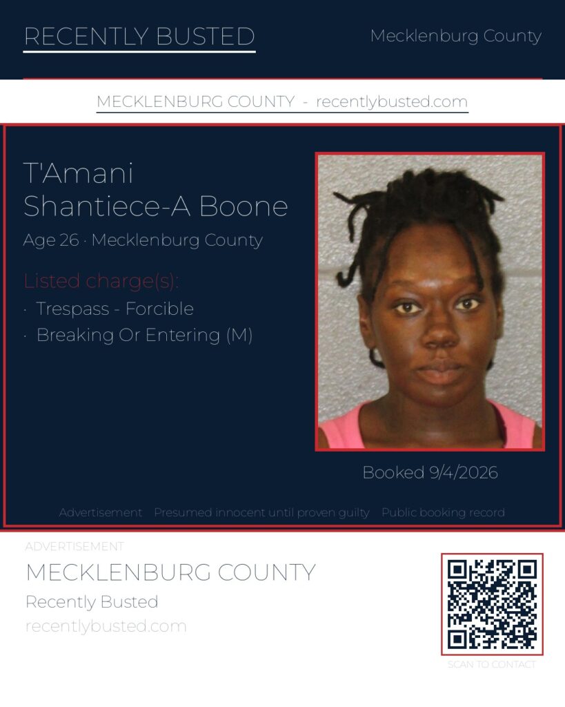 T’AMANI SHANTIECE-A BOONE — arrest record card, Mecklenburg County, North Carolina