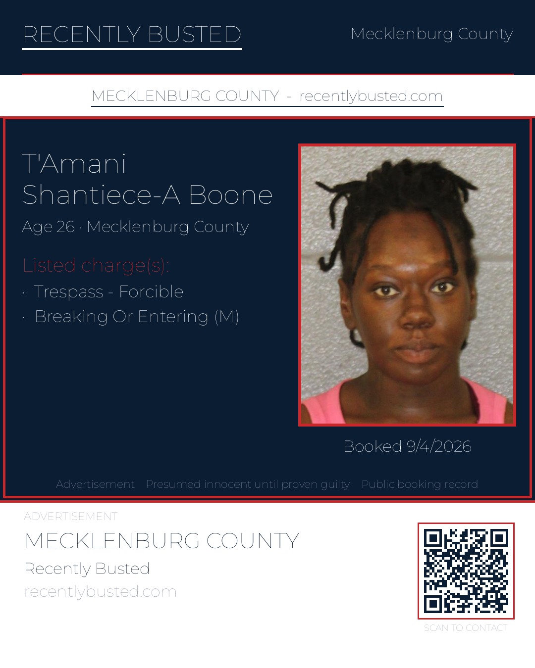 T'AMANI SHANTIECE-A BOONE — arrest record card, Mecklenburg County, North Carolina