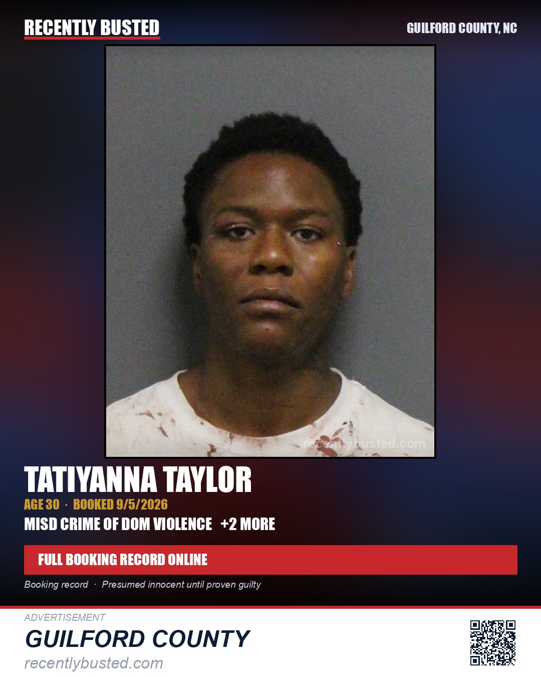 TATIYANNA TAYLOR — arrest record card, Guilford County, North Carolina