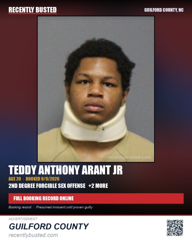 TEDDY ANTHONY ARANT JR — arrest record card, Guilford County, North Carolina