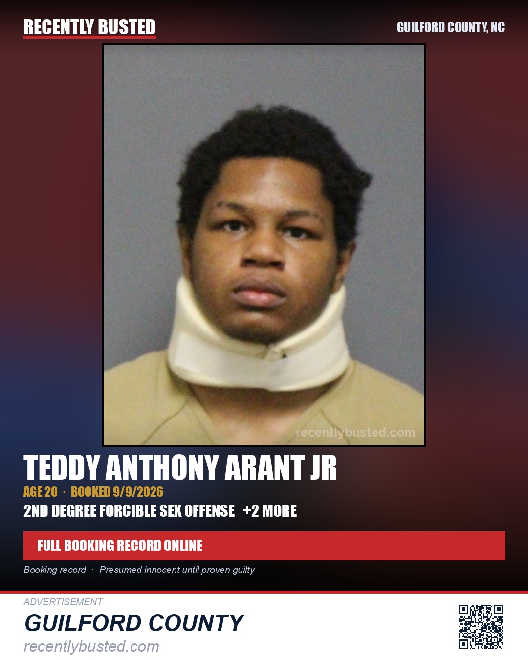 TEDDY ANTHONY ARANT JR — arrest record card, Guilford County, North Carolina