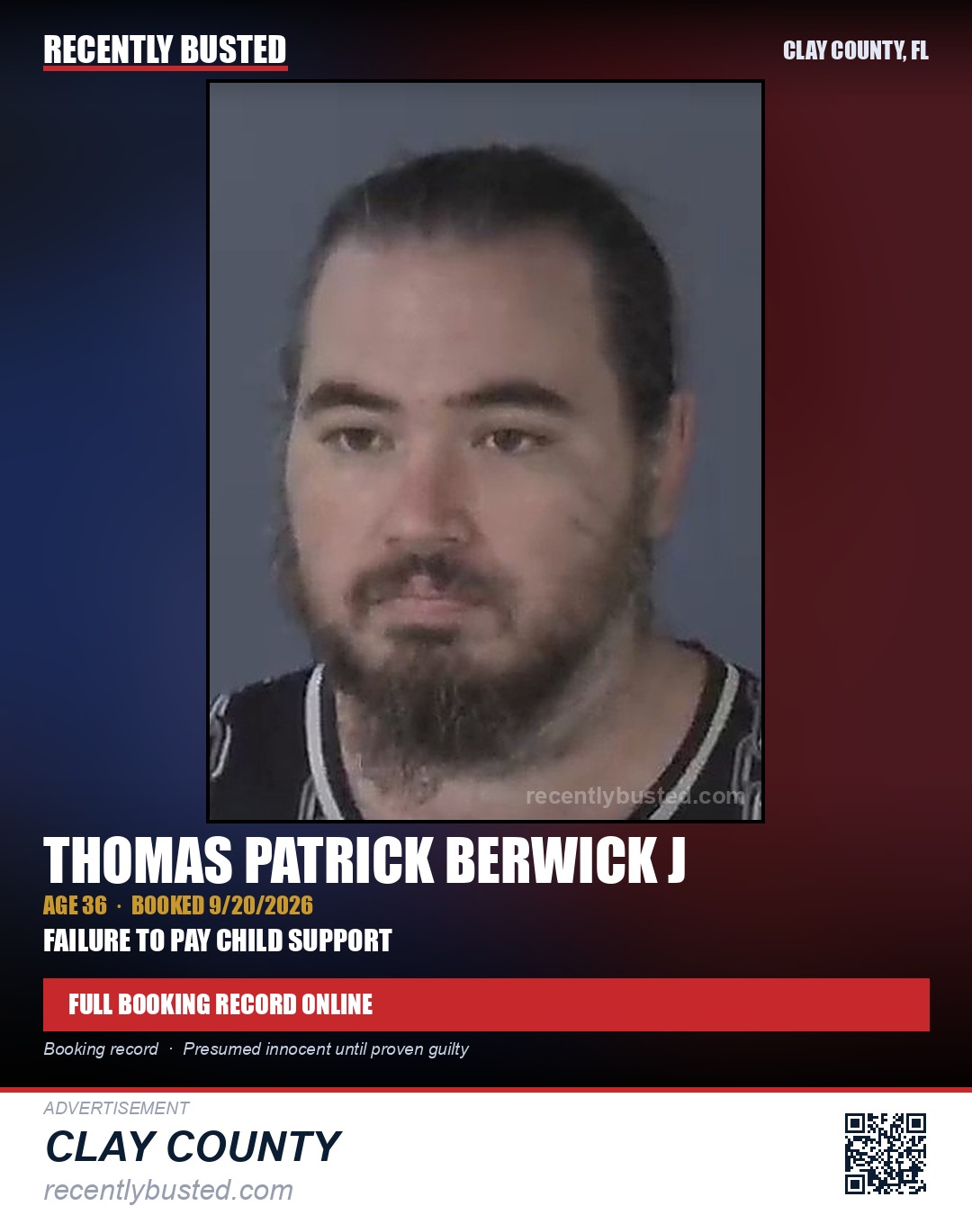 THOMAS PATRICK BERWICK J — arrest record card, Clay County, Florida