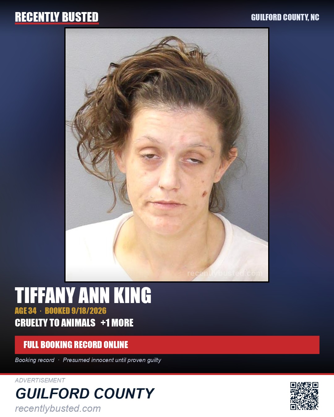 TIFFANY ANN KING — arrest record card, Guilford County, North Carolina