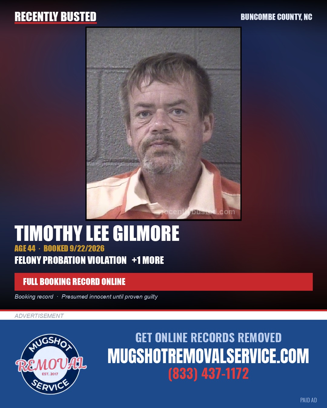 TIMOTHY LEE GILMORE — arrest record card, Buncombe County, North Carolina