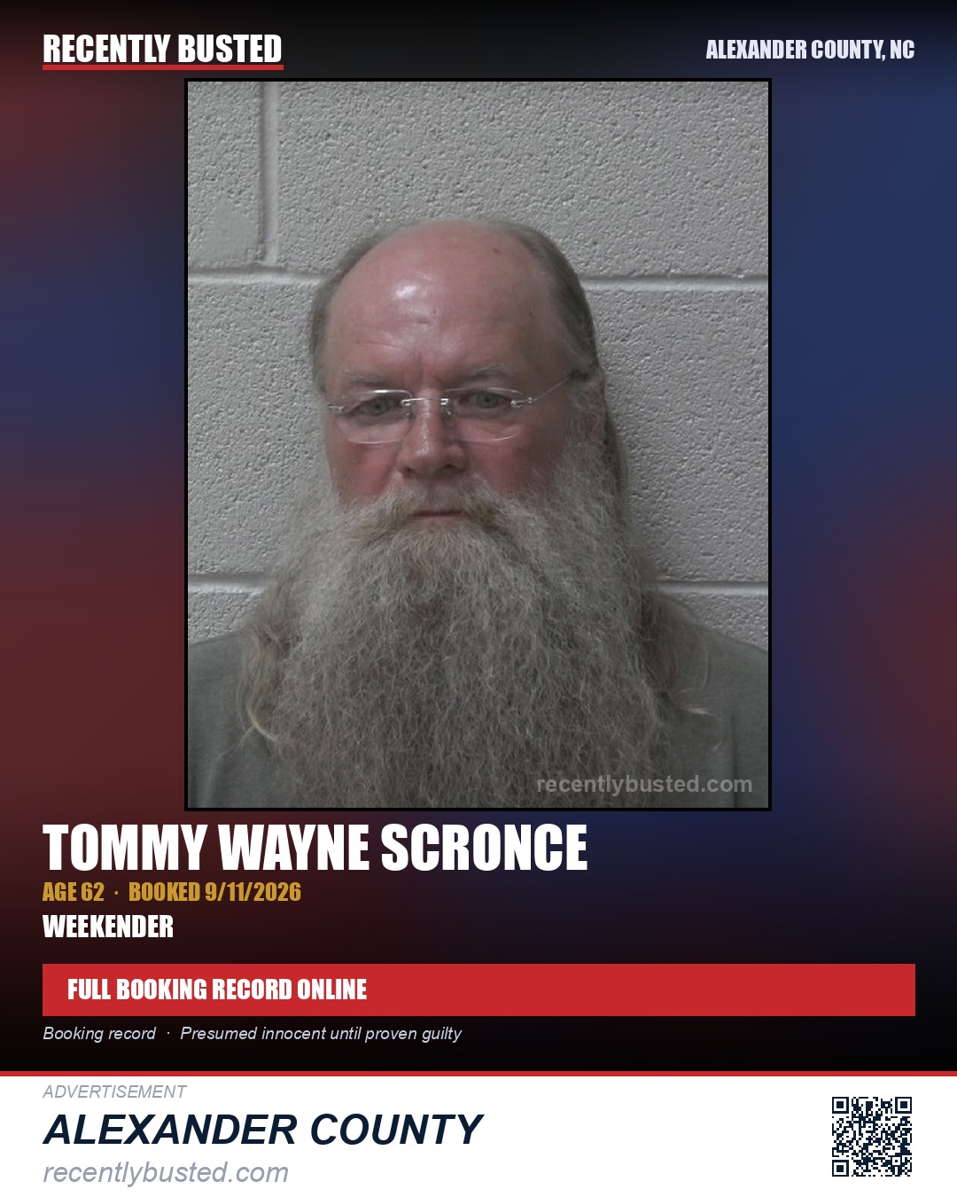 TOMMY WAYNE SCRONCE — arrest record card, Alexander County, North Carolina