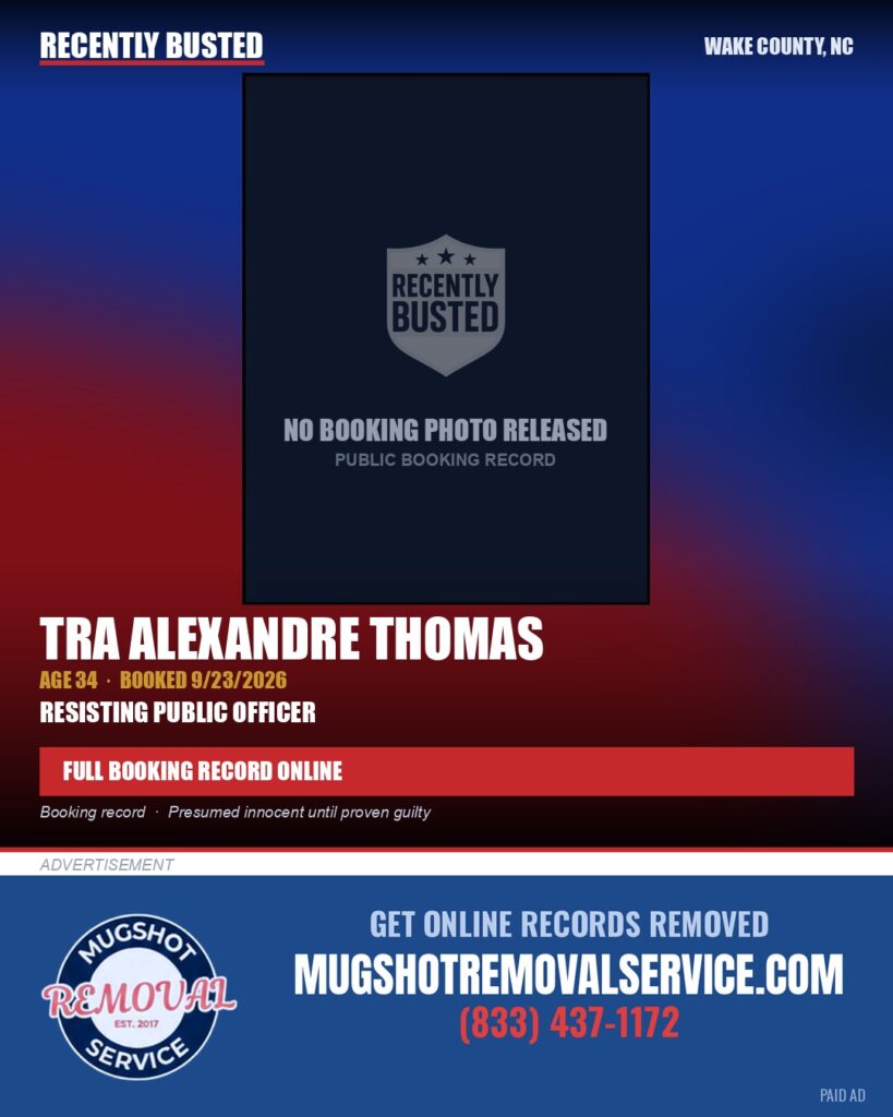 TRA ALEXANDRE THOMAS — arrest record card, Wake County, North Carolina