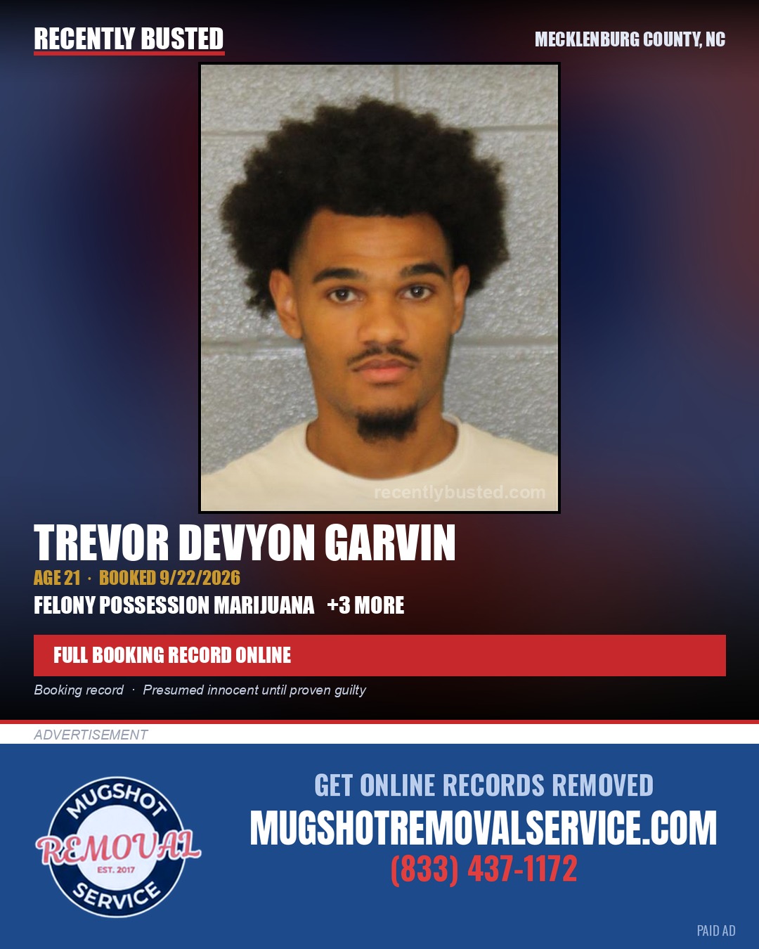 TREVOR DEVYON GARVIN — arrest record card, Mecklenburg County, North Carolina