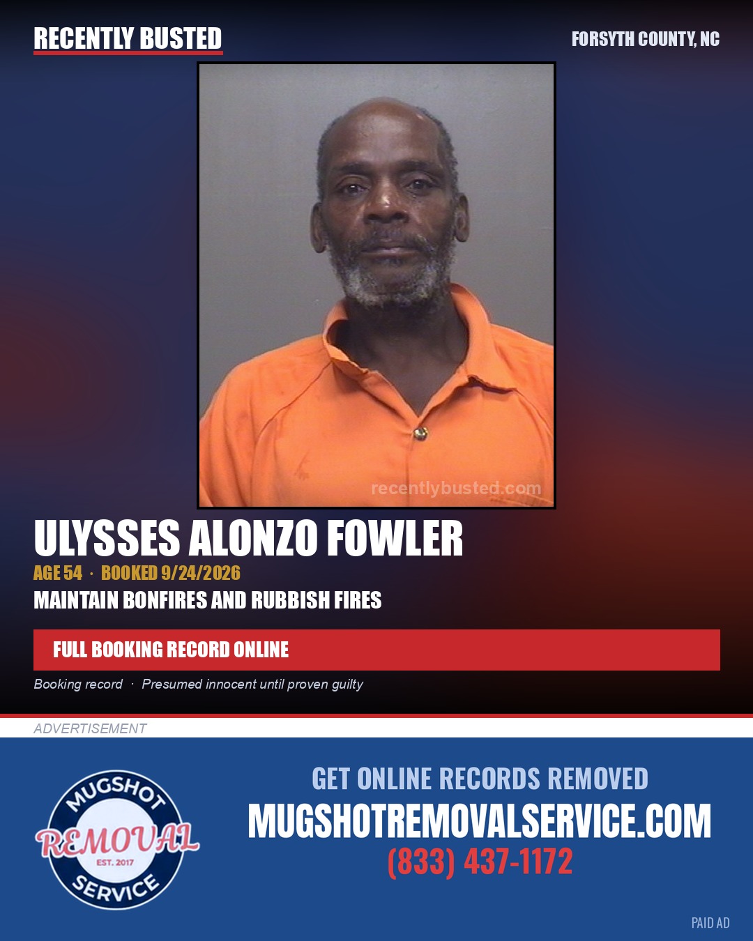 ULYSSES ALONZO FOWLER — arrest record card, Forsyth County, North Carolina