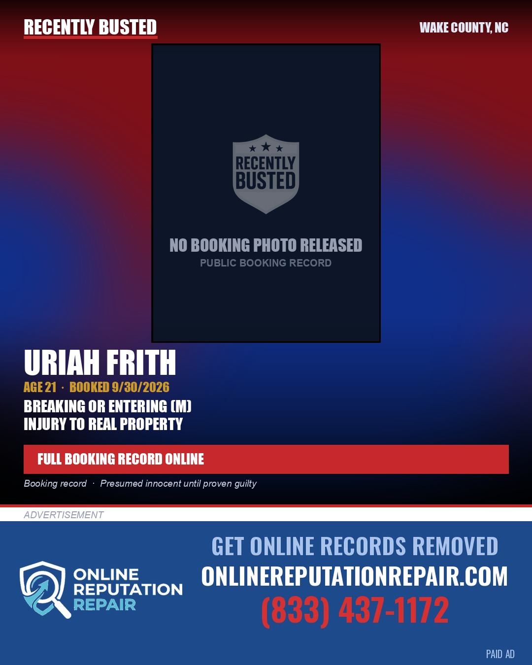 URIAH FRITH — arrest record card, Wake County, North Carolina