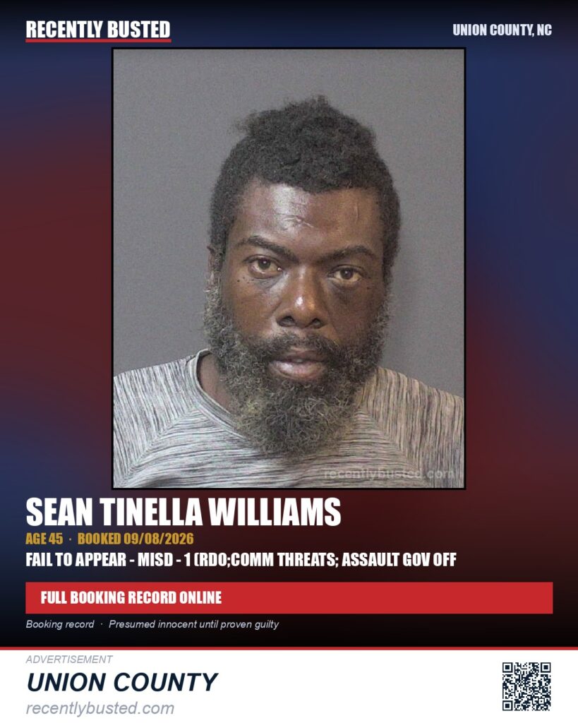 WILLIAMS, SEAN TINELLA — arrest record card, Union County, North Carolina