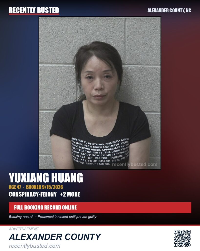 YUXIANG HUANG — arrest record card, Alexander County, North Carolina