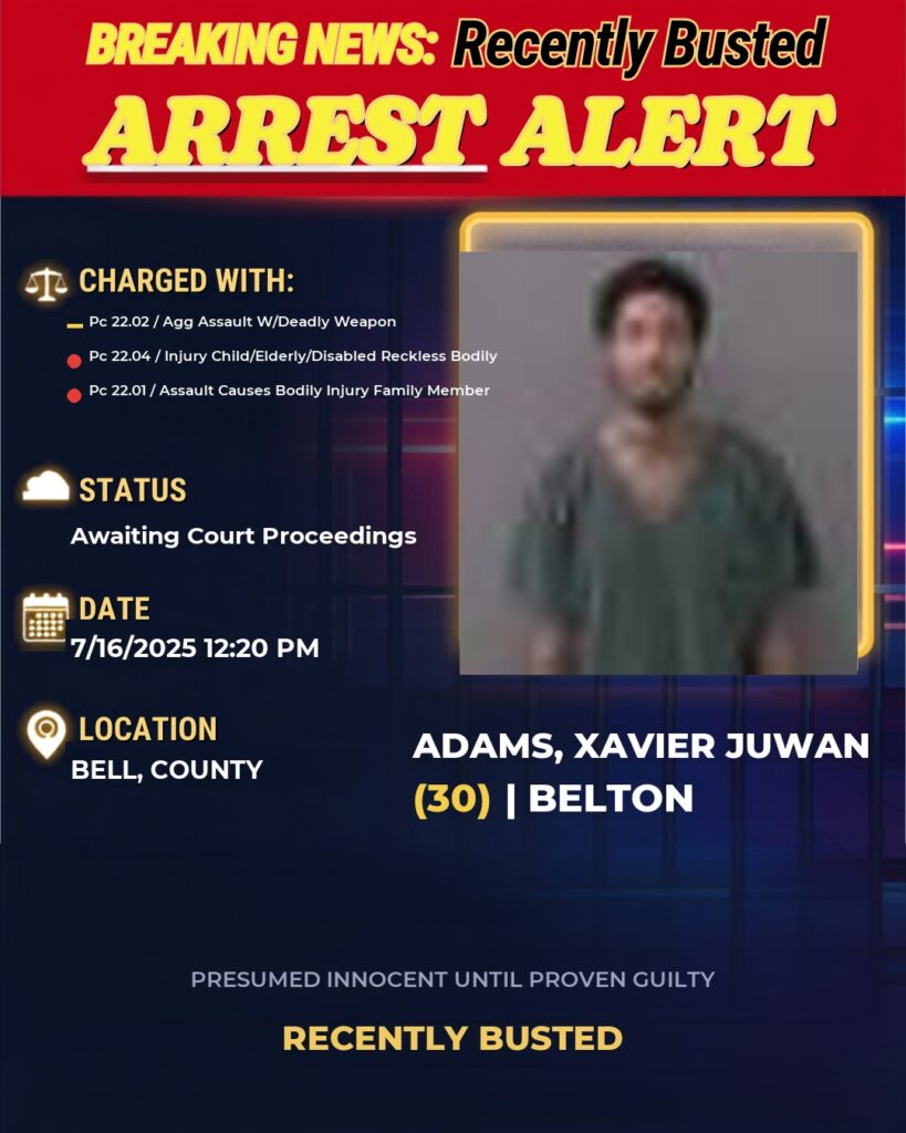 ADAMS, XAVIER JUWAN — arrest record card, Bell County