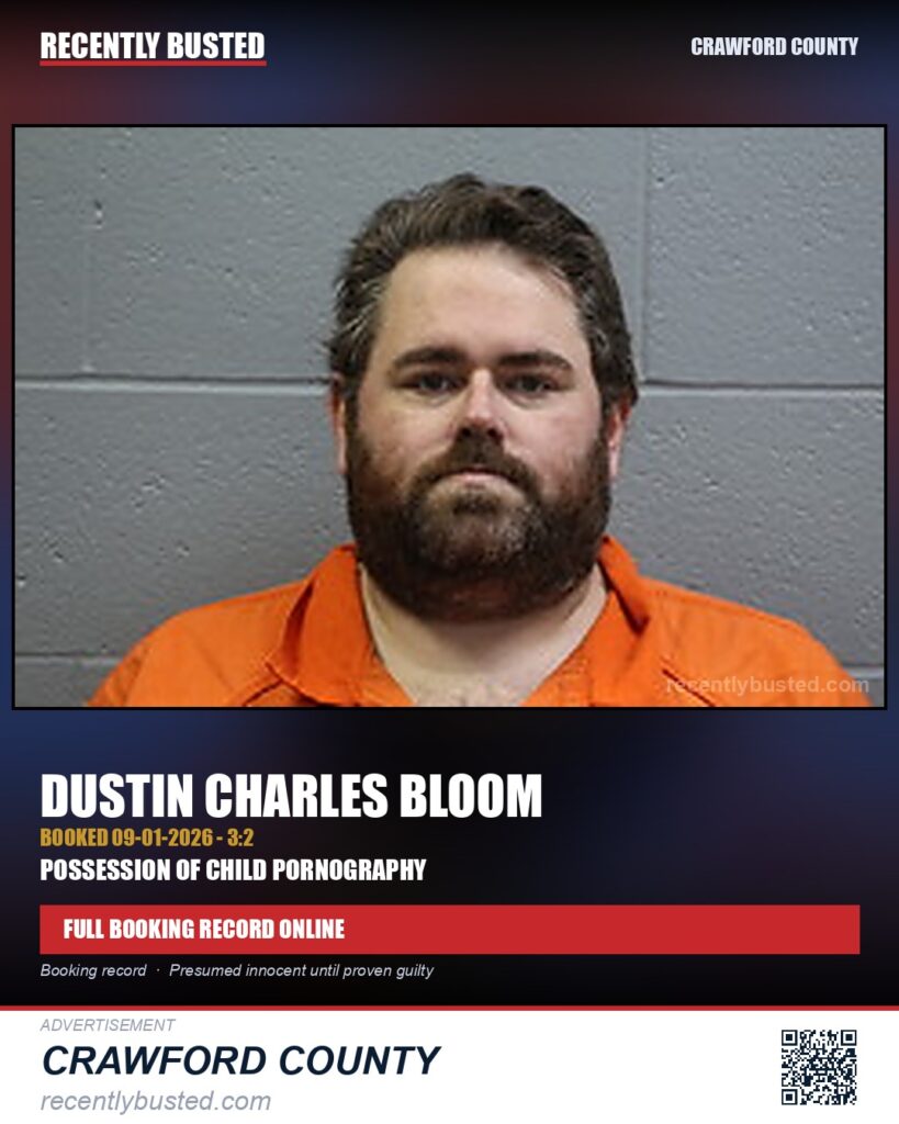 Bloom, Dustin Charles — arrest record card, Crawford County