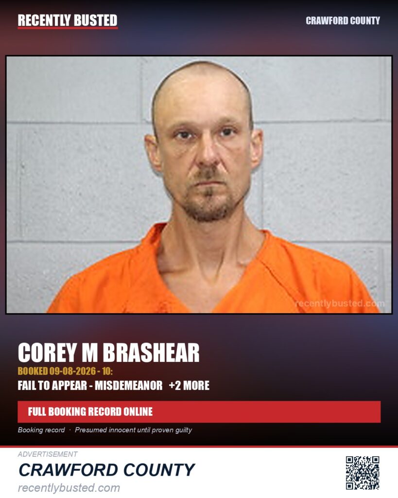 Brashear, Corey M — arrest record card, Crawford County