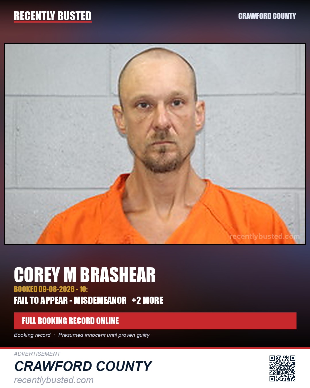 Brashear, Corey M — arrest record card, Crawford County