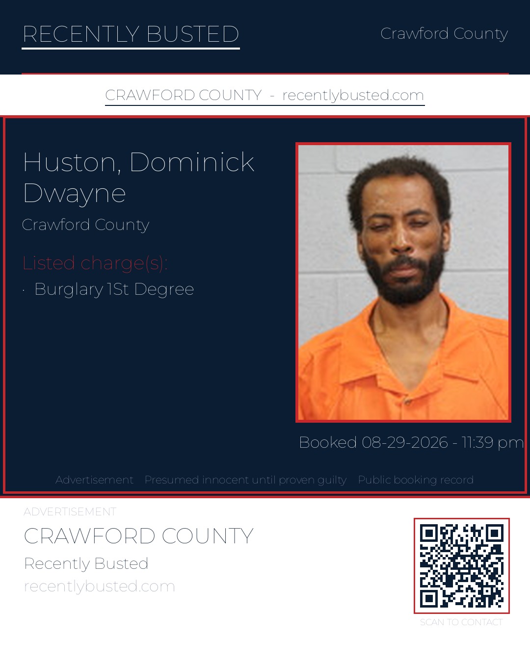 Huston, Dominick Dwayne — arrest record card, Crawford County