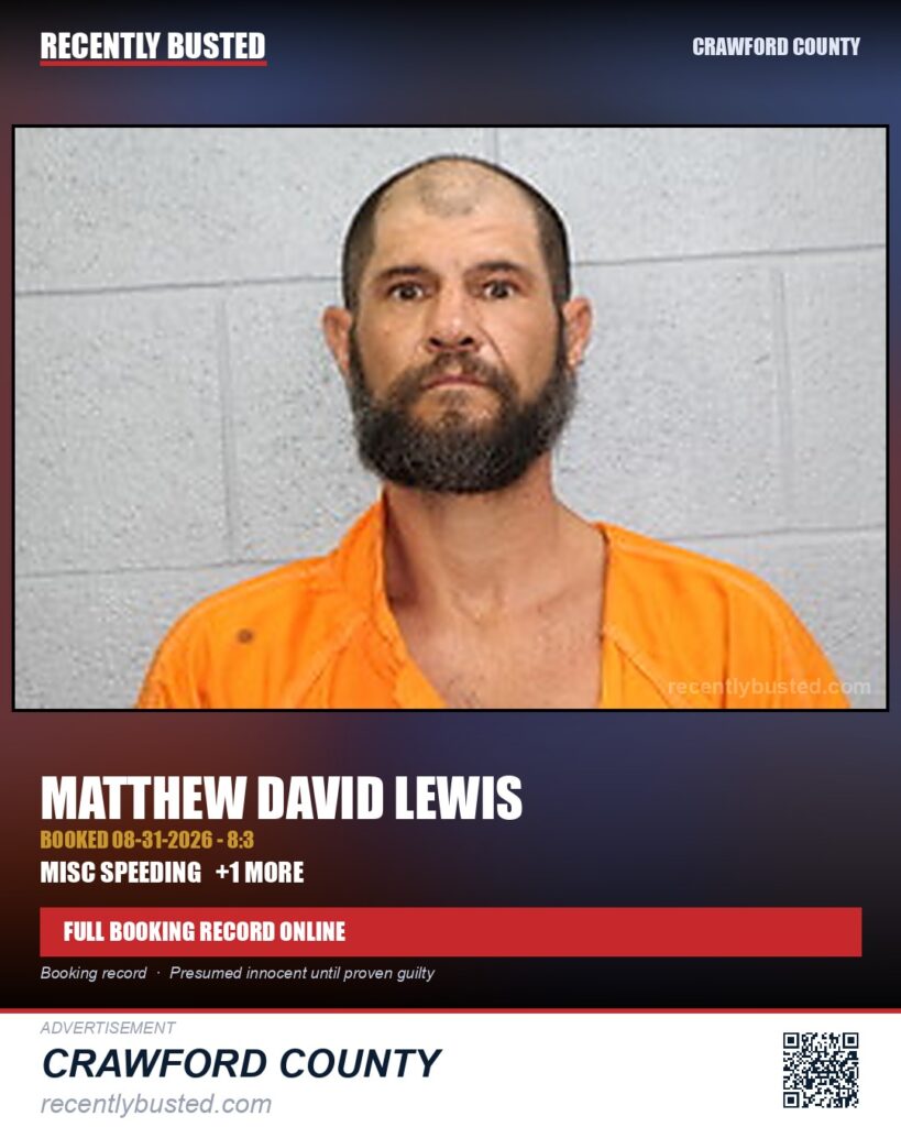 Lewis, Matthew David — arrest record card, Crawford County