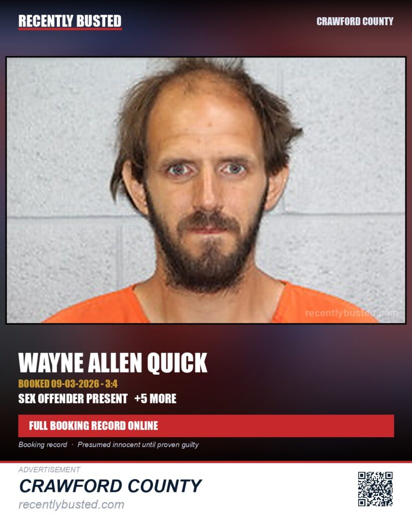 Quick, Wayne Allen — arrest record card, Crawford County