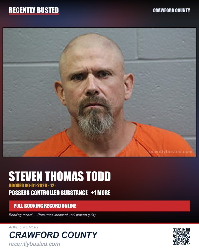 Todd, Steven Thomas — arrest record card, Crawford County