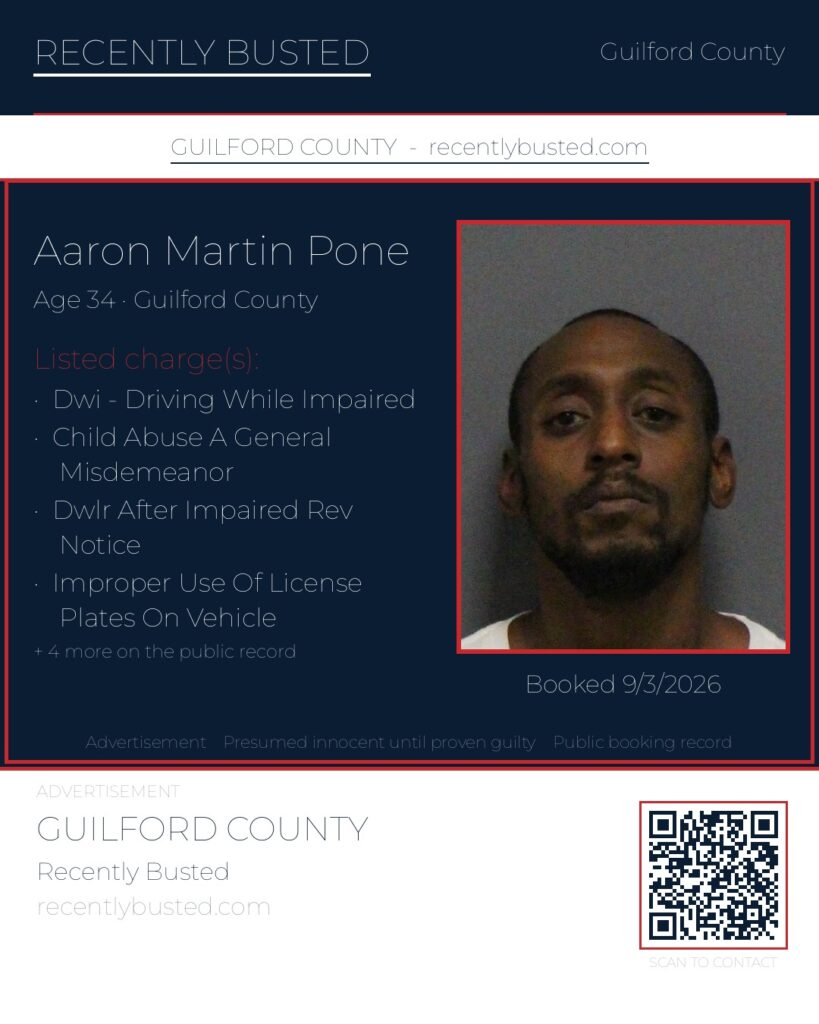 AARON MARTIN PONE — arrest record card, Guilford County, North Carolina