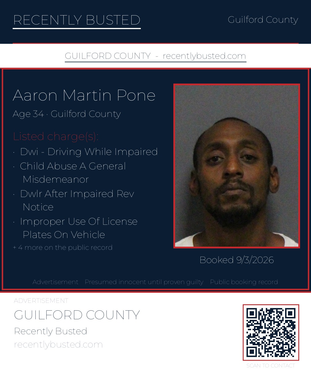 AARON MARTIN PONE — arrest record card, Guilford County, North Carolina