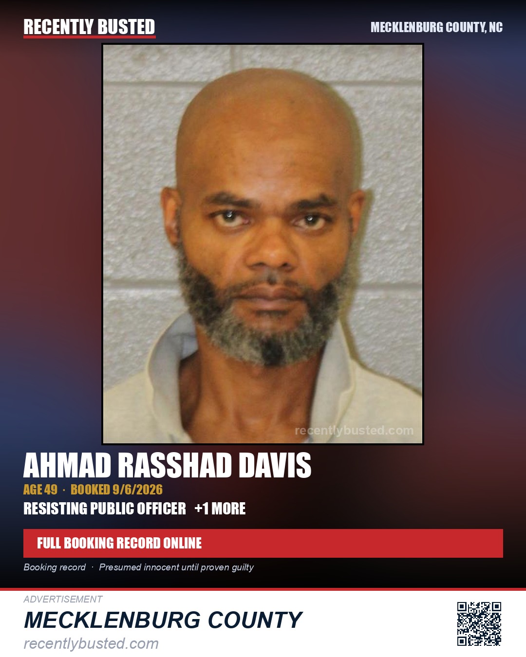 AHMAD RASSHAD DAVIS — arrest record card, Mecklenburg County, North Carolina