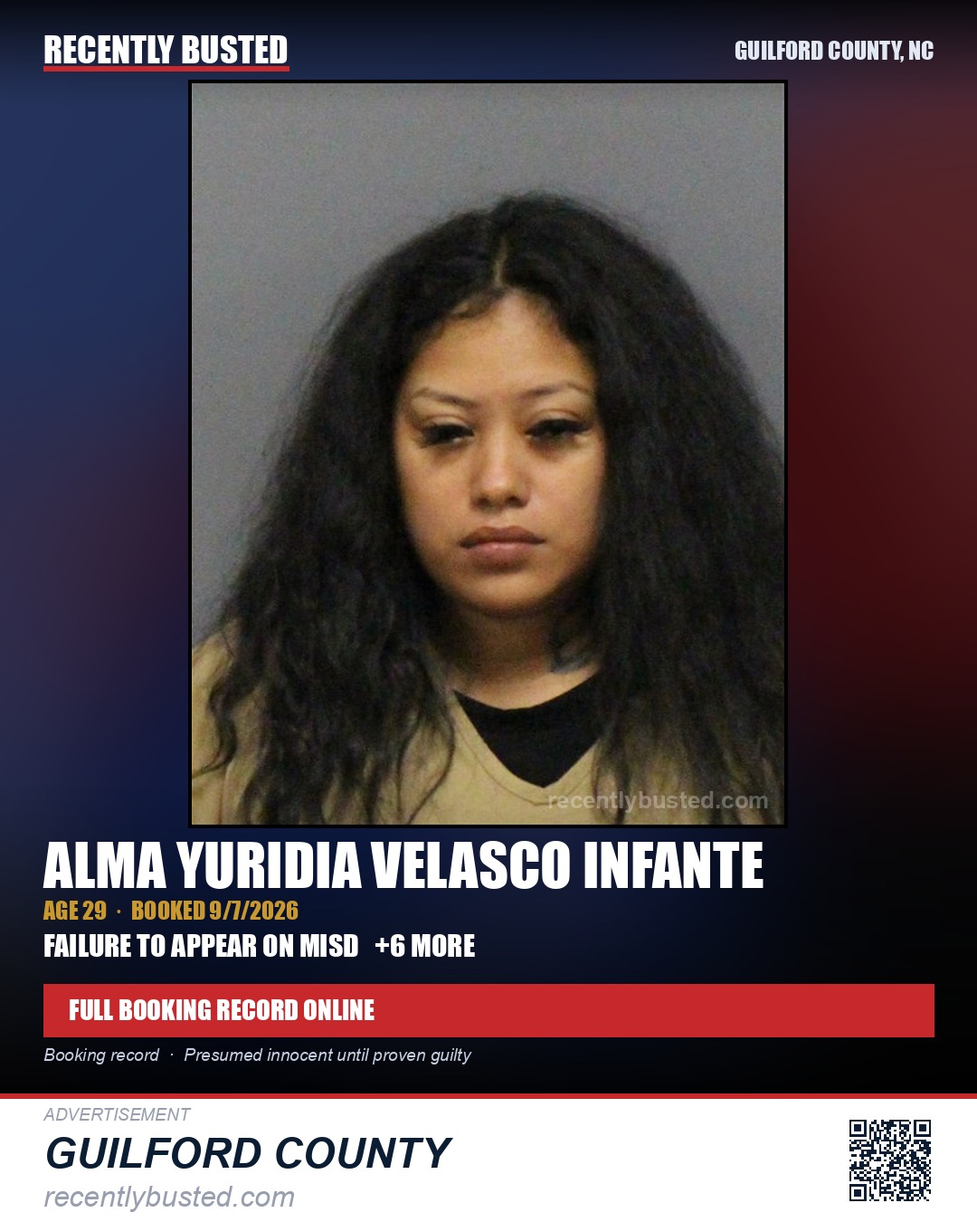 ALMA YURIDIA VELASCO INFANTE — arrest record card, Guilford County, North Carolina