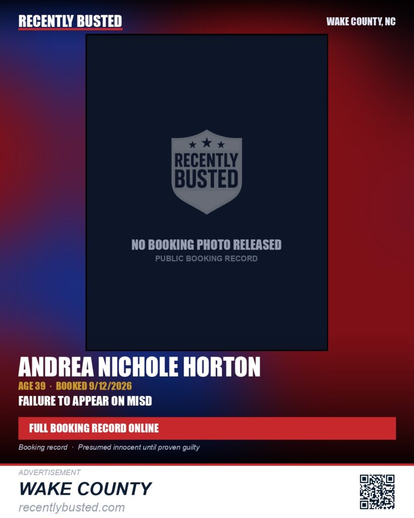 ANDREA NICHOLE HORTON — arrest record card, Wake County, North Carolina