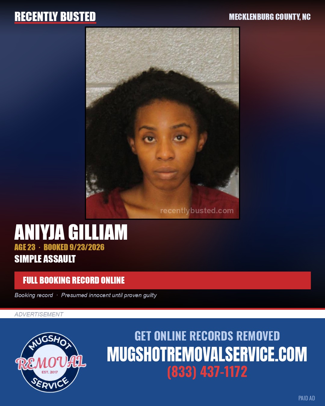 ANIYJA GILLIAM — arrest record card, Mecklenburg County, North Carolina