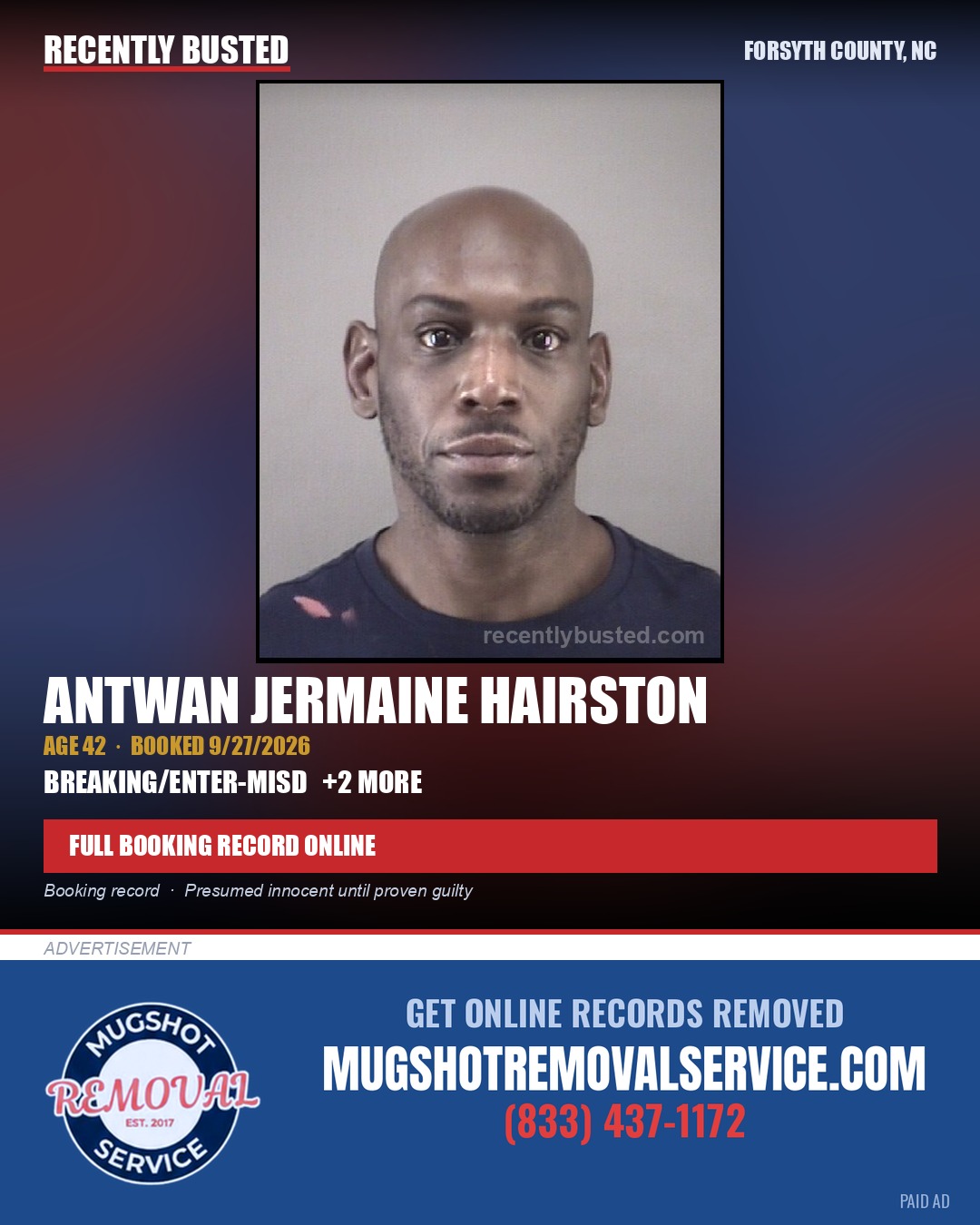 ANTWAN JERMAINE HAIRSTON — arrest record card, Forsyth County, North Carolina