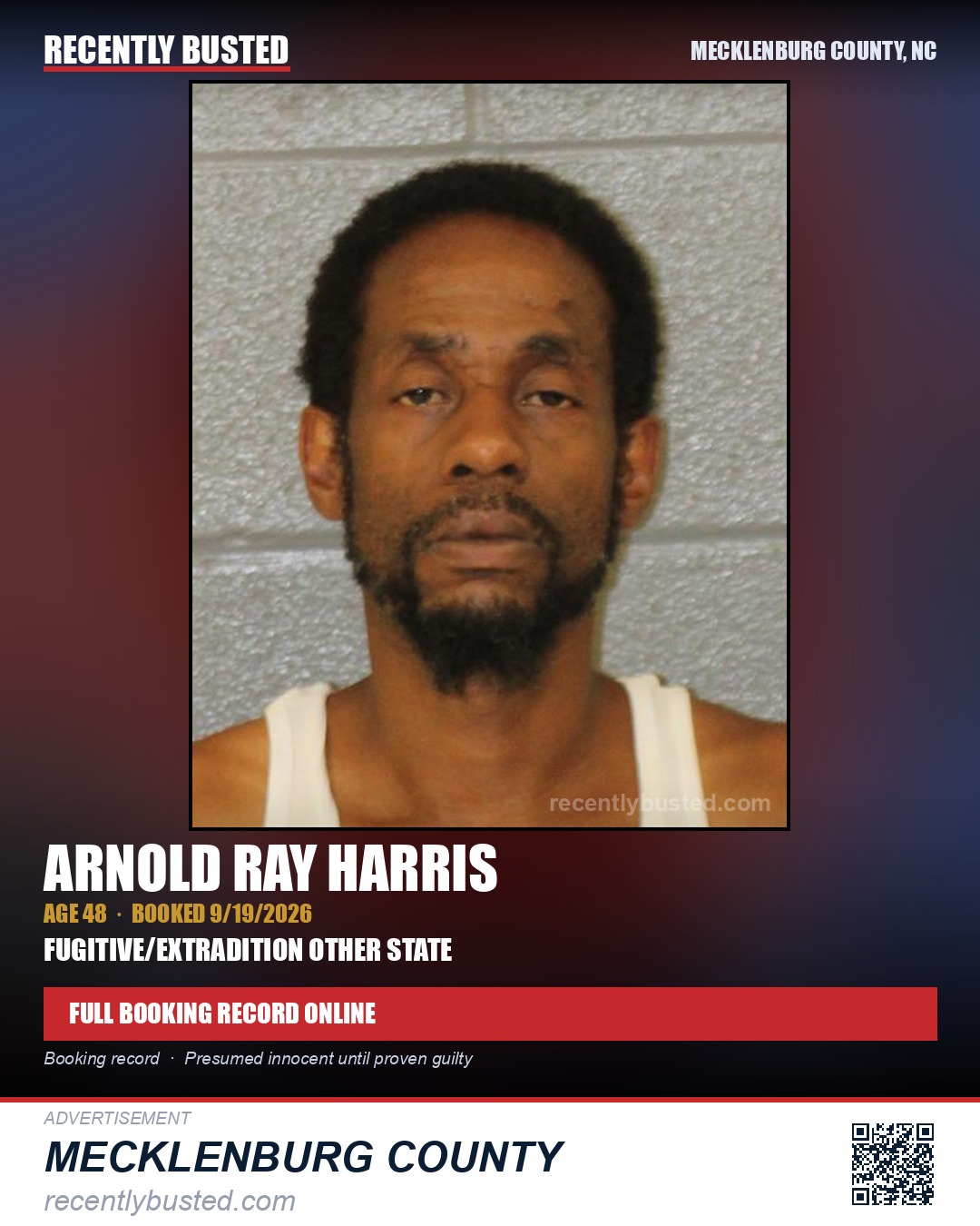 ARNOLD RAY HARRIS — arrest record card, Mecklenburg County, North Carolina
