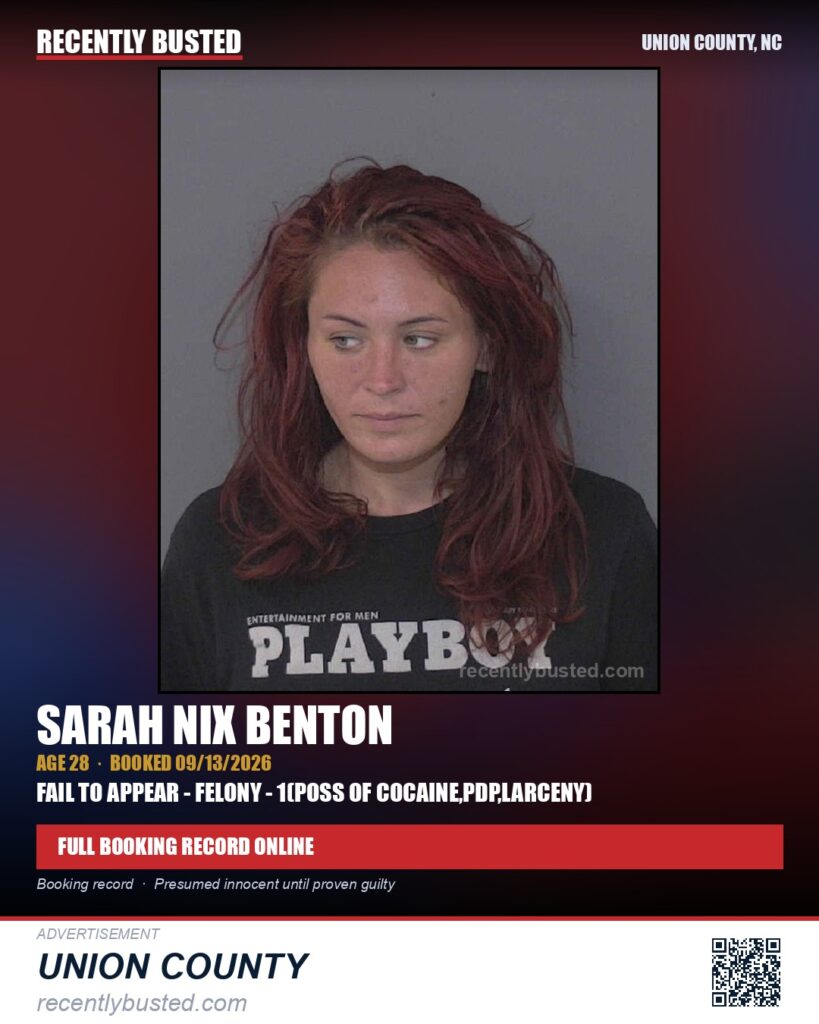 BENTON, SARAH NIX — arrest record card, Union County, North Carolina
