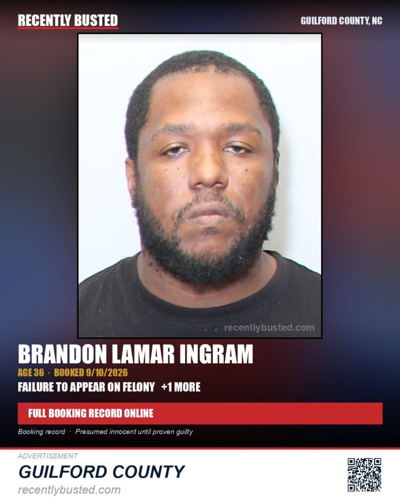 BRANDON LAMAR INGRAM — arrest record card, Guilford County, North Carolina