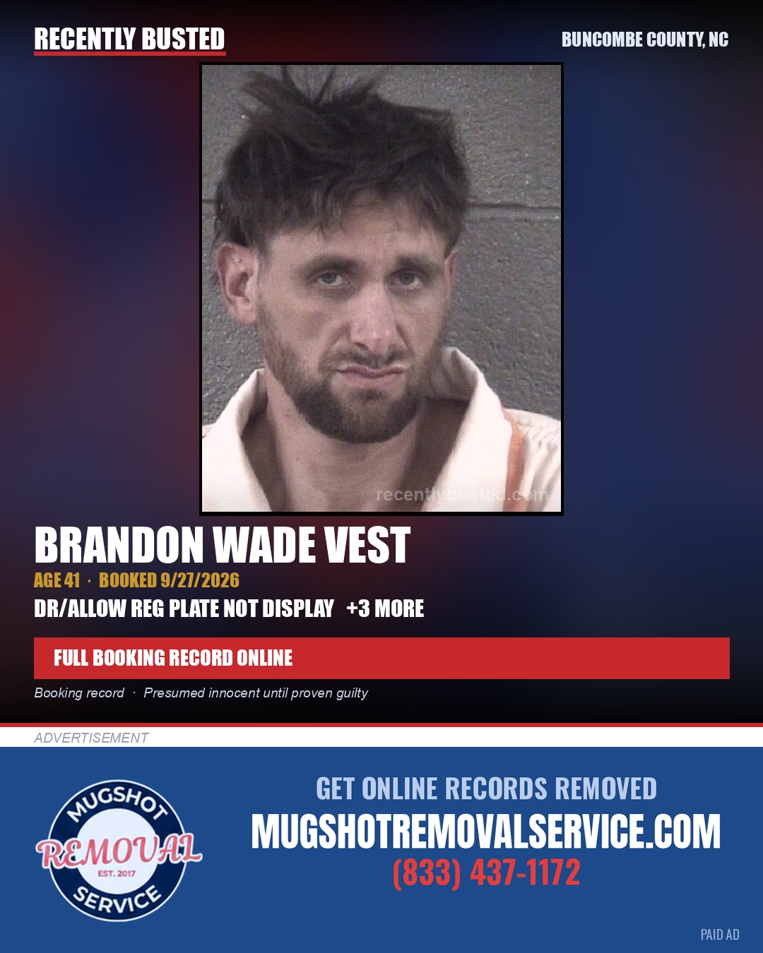 BRANDON WADE VEST — arrest record card, Buncombe County, North Carolina