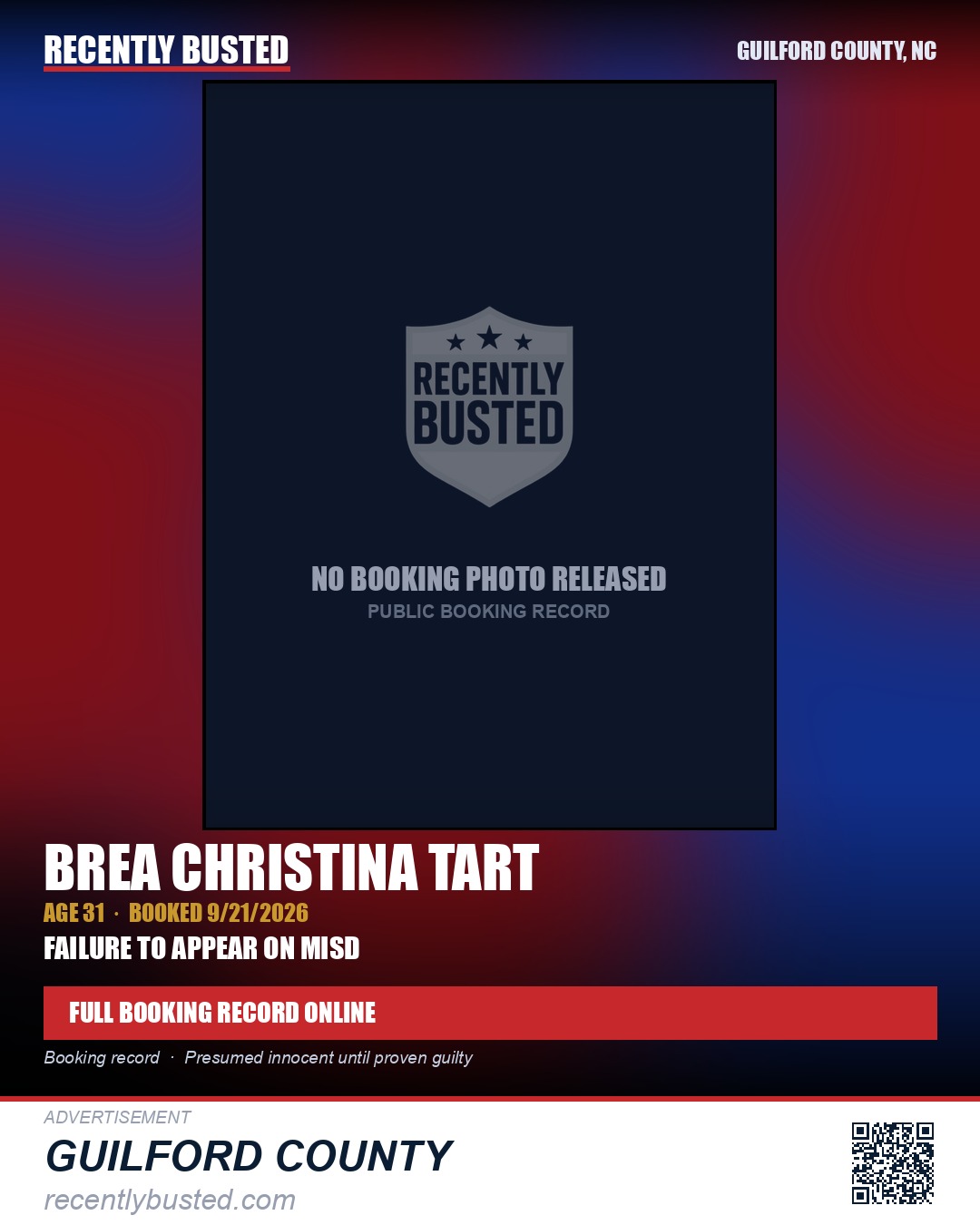 BREA CHRISTINA TART — arrest record card, Guilford County, North Carolina