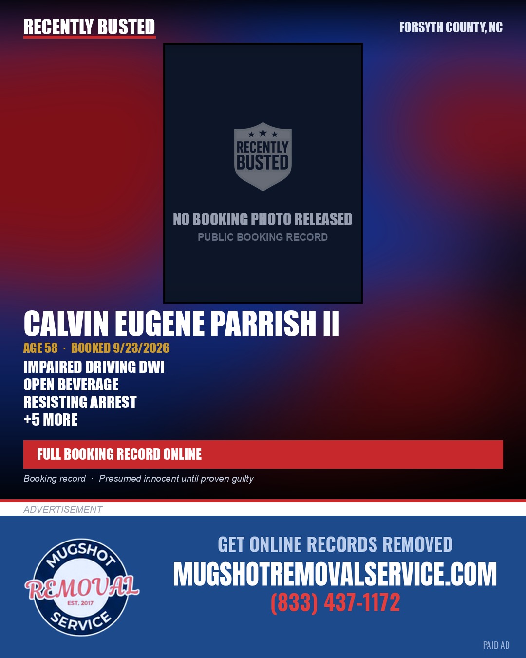 CALVIN EUGENE PARRISH II — arrest record card, Forsyth County, North Carolina