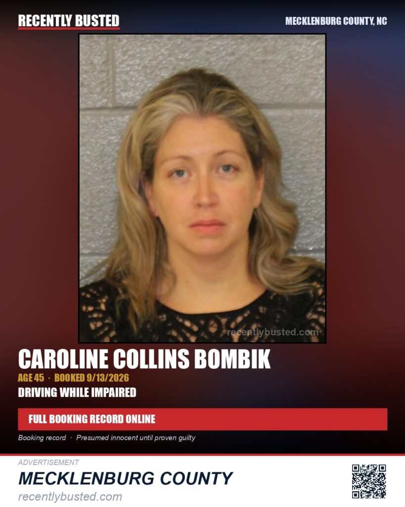 CAROLINE COLLINS BOMBIK — arrest record card, Mecklenburg County, North Carolina