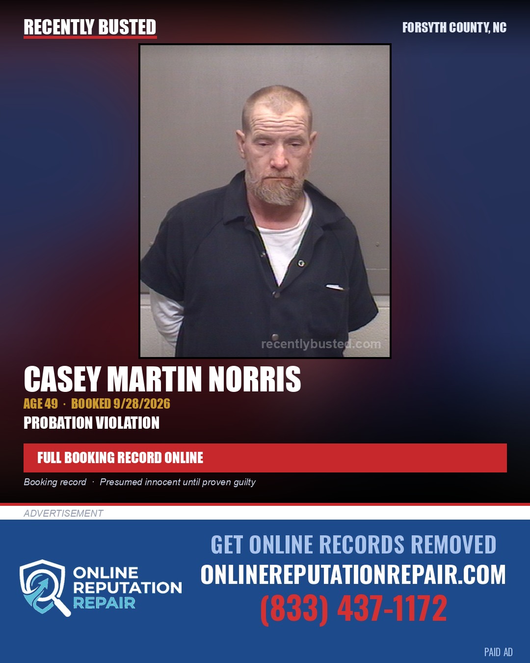 CASEY MARTIN NORRIS — arrest record card, Forsyth County, North Carolina