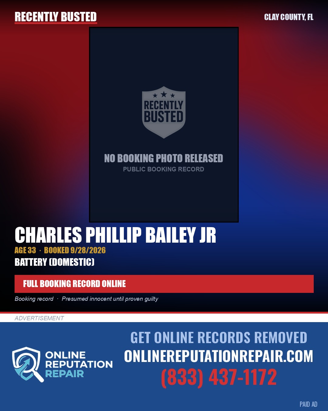 CHARLES PHILLIP BAILEY JR — arrest record card, Clay County, Florida